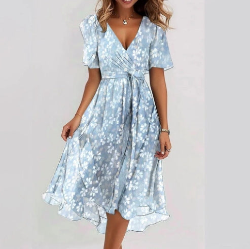 Chiffon Printed Short Sleeve Dress Summer Elegant V-neck Dresses Womens Clothing Aqua blue